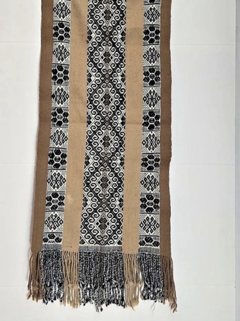 Handwoven Peruvian Wool Table Runner | Tan & Black Geometric Boho Decor